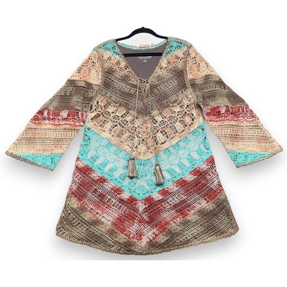 Soft Surroundings Aqua Earthy Crochet Tunic Womens XL Chevron Boho Fairy Top